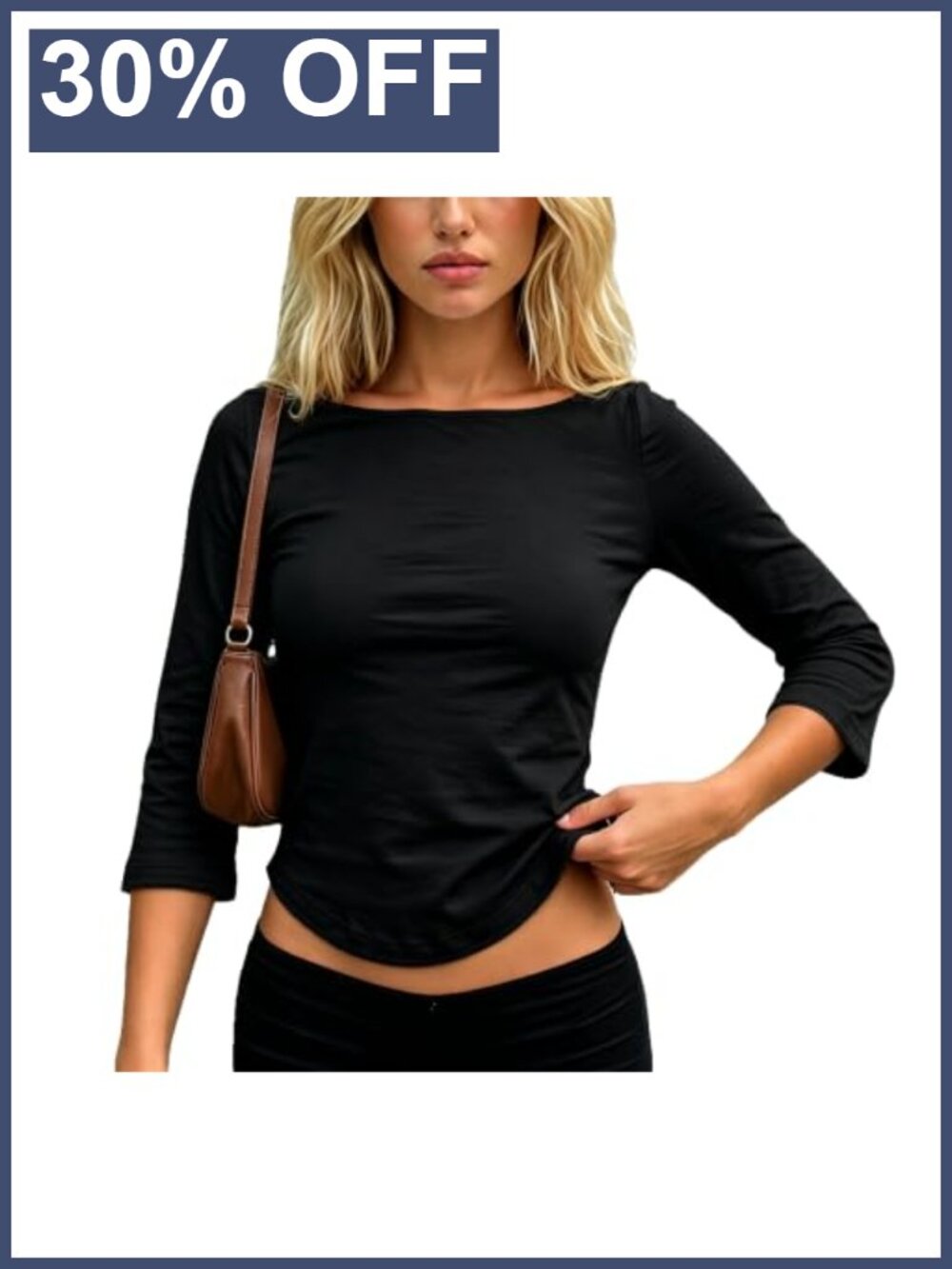 Womens 3/4 Bell Sleeve Boat Neck Crop Top Slim Fit Curved Hem Y2K Going Out Tee
